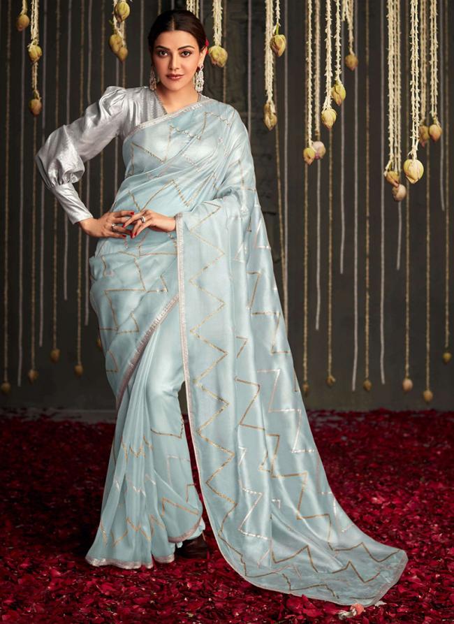 Soft Tissue Silk  Blue Party Wear Embroidery Work Saree